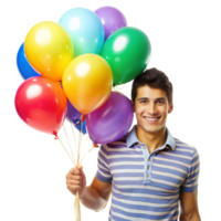 Joyful young man holding colorful balloons png