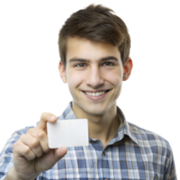 Young man in plaid shirt holds blank card, smiles at camera with a transparent background png