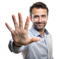 Approachable and well-dressed man gesturing a high five or stop with a smile, with a transparent background png