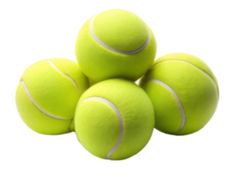 cuatro vibrante amarillo tenis pelotas apilado juntos en un transparente antecedentes png
