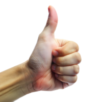 A close-up of a hand showing a thumbs up gesture on a transparent background png