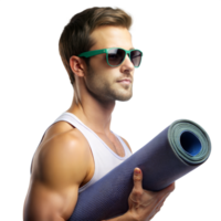 Fit young man holding yoga mat with sunglasses png