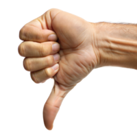 A close-up view of a hand showing a thumbs-down gesture with a transparent background png