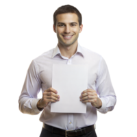 Smiling businessman holding blank paper png