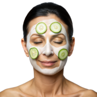 A serene woman with eyes closed, applying a cucumber and cream face mask at a spa png