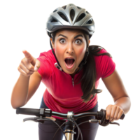 une femme portant une casque et rose chemise, équitation une bicyclette et montrer du doigt devant avec un étonné expression png