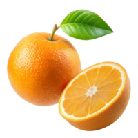 A vibrant orange and half-sliced citrus fruit with visible textures and leaves on a transparent backdrop png