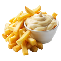 Bowl of french fries with creamy cheese sauce png