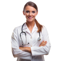 A woman in a white lab coat is smiling and holding a stethoscope png