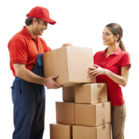 Two delivery workers in red uniforms stacking cardboard boxes indoors, smiling and collaborating png