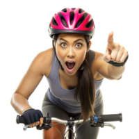 emocionado mujer montando un bicicleta, señalando adelante, con un sorprendido expresión en su cara png