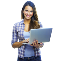 A woman is smiling and holding a laptop png