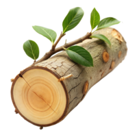 A wooden log with fresh green leaves attached sits against a transparent background png