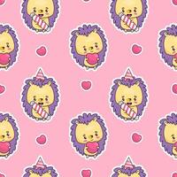 Seamless pattern with happy hedgehogs birthday boy with candy and romantic animal heart on pink background. illustration with cute cartoon kawaii animals. Kids collection. vector