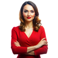 A woman in a red dress is smiling and crossing her arms png