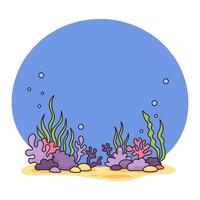 Landscape underwater bottom with algae, corals and sand on blue background. illustration vector