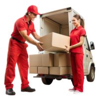 Two people in red clothing are loading boxes into a white van png