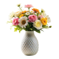 A vibrant bouquet of mixed spring flowers arranged in an elegant white vase png