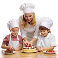 A woman is teaching two children how to make a cake png