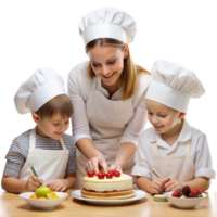 A woman is teaching her children how to make a cake png