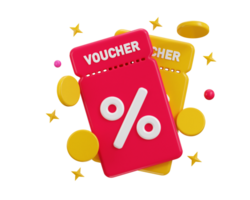 rabatt voucher med gyllene mynt ikon 3d framställa begrepp av 3d rabatt kupong ikon illustration png