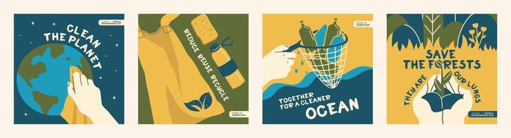 un conjunto de eco publicaciones para social medios de comunicación para mundo ambiente día y tierra día. pancartas en el tema de ambiental proteccion, reducir, reutilizar, reciclar. bosque conservación, Oceano y planeta limpieza. vector