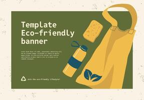 A trendy banner template promoting an eco-friendly lifestyle. Emphasizes the principles of Reduce, Reuse, Recycle. Images of a reusable shopping bag, bottle, and loofah. Yellow, green, blue colors. vector