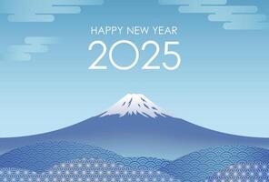 The Year 2025 New Years Greeting Card Template With Blue Sky And Mount Fuji Decorated With Vintage Japanese Patterns. vector