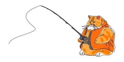 continuous one line drawing of a cute fat cat fishing with a fishing rod. editable stroke and colored. animal, fishing, activity, funny. graphic illustration. vector