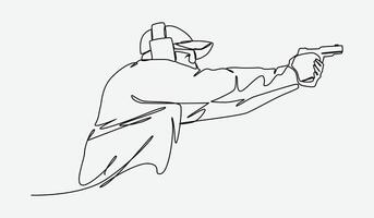 Continuous one line drawing of man holding a gun and firing a shot. Adult men wear hats and earmuffs. shooting practice, competition, sports, shooting club. editable stroke. graphic illustration. vector