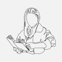 continuous line drawing of beautiful young woman reading a book. isolated on white background. editable stroke. concept of learning, education, school, etc. graphic illustration. vector