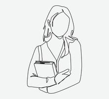 continuous line drawing of young girl holding a book. concept of education, student, school. editable stroke. isolated on white background. flat cartoon illustration. vector