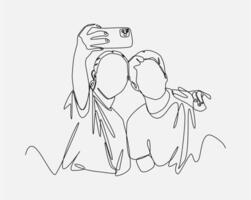 Continuous one line drawing of two friends, boy and girl taking selfies with smartphone. Editable stroke. Graphic illustration. vector