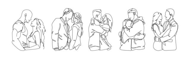 set continuous one line drawing of male and female couple. concept of hugging, couple, love, relationship, marriage, dating, etc. editable stroke. isolated on white background. graphic illustration. vector
