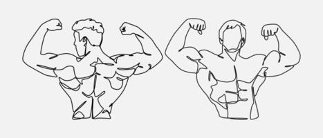 Set of two male bodybuilder front and back view. Shows the bicep muscles of the hand. Continuous one line drawing. Sport gym fit body workout concept. graphic illustration. vector