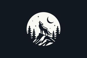 lobo o coyote clamoroso debajo luz de la luna a bosque logo silueta ilustración. desierto símbolo naturaleza y al aire libre marca identidad vector