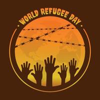 World Refugee Day poster with many hands asking for help vector