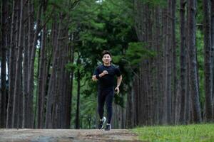 Asian trail runner is running outdoor in the pine forest dirt road for exercise and workout activities training to race in altra marathon to achieve healthy lifestyle and fitness concept photo