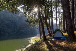 Group of tent for overnight camping with sunrise over the misty mountain and ray of light and campsite of Pang Oung, Mae Hong Son, Thailand photo