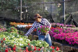 joven asiático jardinero es elegir floración planta desde el local jardín centrar guardería lleno de verano planta para fin de semana jardinería y al aire libre pasatiempo concepto foto