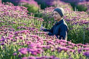 Asian farmer is taking note using clip board on the growth and health of pink chrysanthemum while working in his rural field farm for medicinal herb and cut flower concept photo