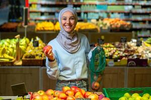 Portrait of a female buyer in a supermarket, a Muslim woman in a hijab is smiling happy and looking at the camera, choosing apples and fruits in a large grocery store. photo