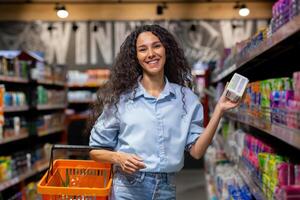 Cheerful young woman with curly hair shopping, holding a product and basket in a supermarket aisle. photo