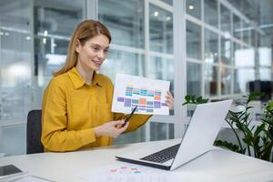 A confident businesswoman in a yellow shirt presents a colorful Gantt chart during a strategic planning session in a bright office environment. photo