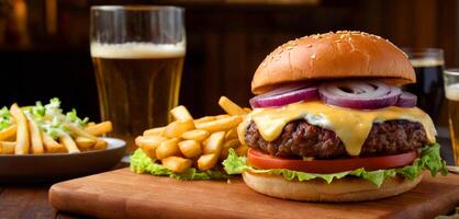 delicioso carne de vaca hamburguesa con queso, cebolla, lechuga, frío cerveza irascible hamburguesa foto