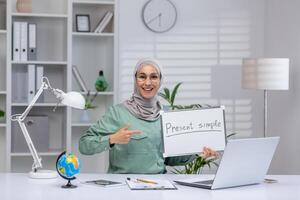 Smiling teacher wearing a hijab holding a 'Present simple' sign during an online lesson in a home office setting. photo