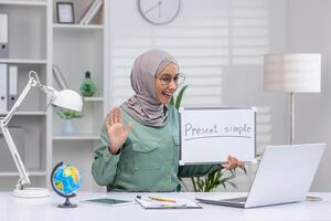 Smiling Muslim educator waves while teaching English online, displaying 'Present simple' on a whiteboard in a light-filled, organized office space. photo