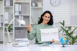 Smiling Hispanic woman teacher holding a 'Present simple' sign while explaining English grammar in a virtual classroom setup. photo