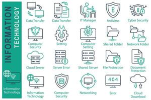 Information technology icon set. data transfer, cyber security, computer setting and more. line icon style. technology element illustration vector