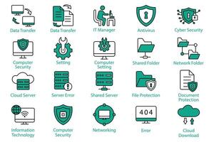 Information technology icon set. data transfer, cyber security, computer setting and more. flat line icon style. technology element illustration vector